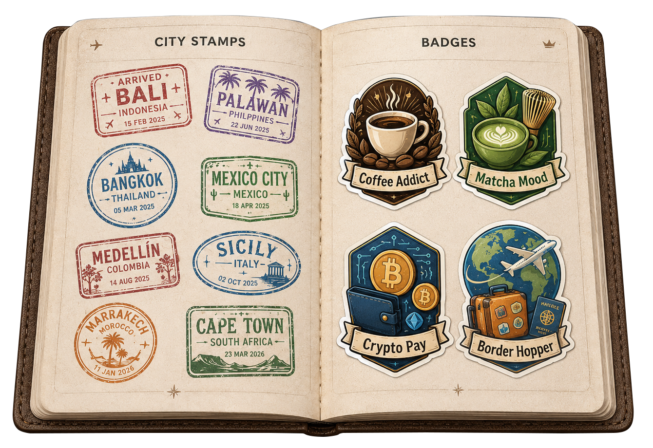 Open NOMAWA passport with city stamps and travel badges