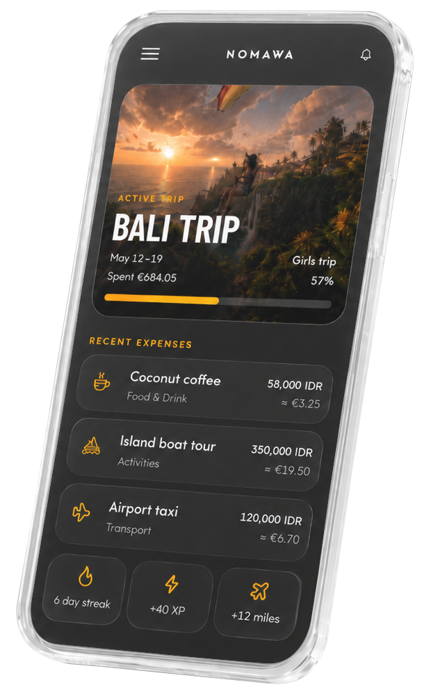 NOMAWA mobile app screen showing trips, expenses, streaks and rewards